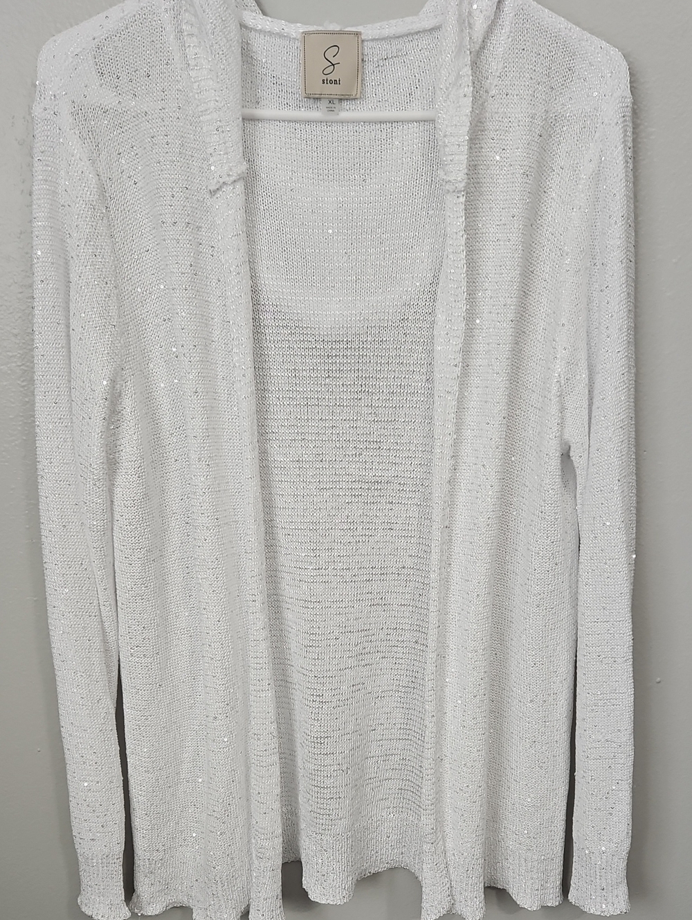 Sioni White Sequin Open-Front Cardigan
